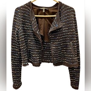 White House Black Market Sweater Jacket Tweed Fringe Black Blue Women's Size XS